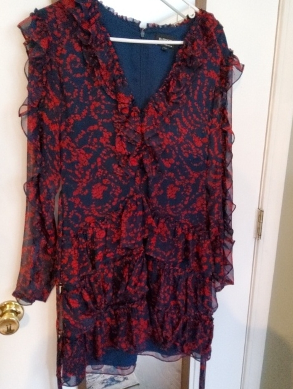 Bardot Navy and Red Floral Ruffle Tiered Long Sleeve Dress Size 12